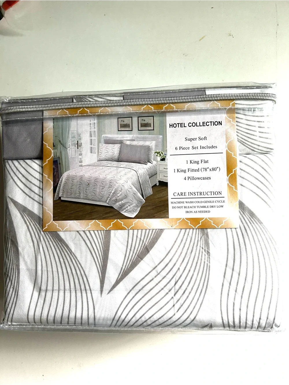 HOTEL COLLECTION King Bamboo 1800 Sheet Set Gray and White - 4 Pillowcases! -SR